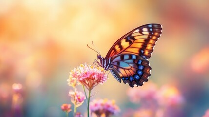 Fototapeta premium Colorful butterfly on flower in vibrant sunlight