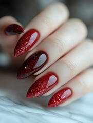 Deep burgundy red manicure on long nails – a bold and luxurious choice for confident women. This glamorous and sexy nail design adds a touch of elegance and power to any look. Perfect for evening even
