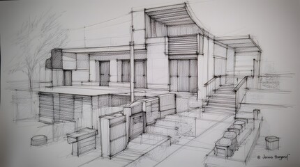 Fototapeta premium Architectural sketch of a modern building design showcasing contemporary style and structural elements in daylight