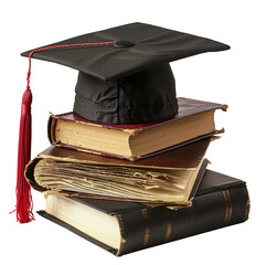 Graduation Cap Atop Stack of Vintage Textbooks Represents Academic Achievement and Knowledge