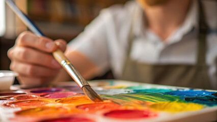 Obraz premium painter skillfully blends hues palette, showcasing creativity and passion for art. scene captures essence of artistic