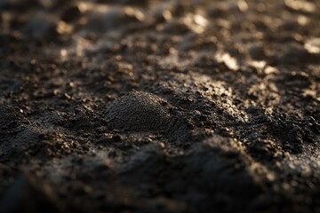 Close-up view of dark, rough, textured ground illuminated by warm sunlight.