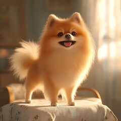 Obraz premium Happy pomeranian dog with fluffy fur posing on furniture