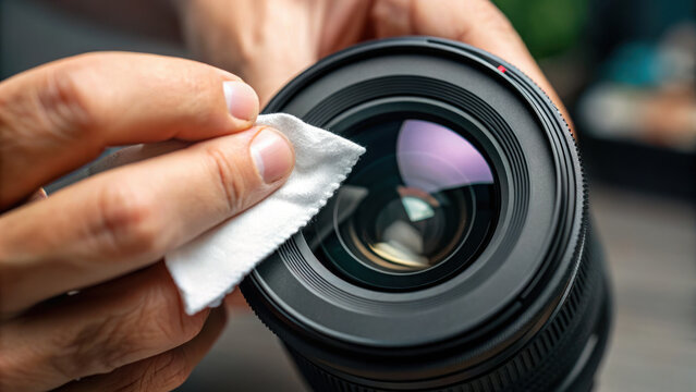 photographer hand gently wipes camera lens with soft cloth, ensuring clarity and precision in capturing images