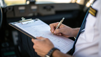 pilot is focused on logging flight details on clipboard, showcasing professionalism and attention to detail