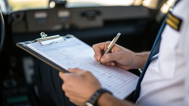 pilot is focused on logging flight details on clipboard, showcasing professionalism and attention to detail