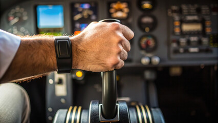 close up of pilot hand gripping throttle lever in aircraft cockpit, showcasing focus and precision