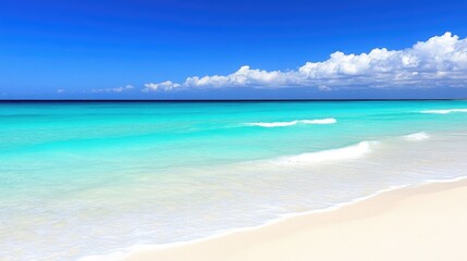 Obraz premium Waves rolling onto sandy beach, tropical paradise. Azure sea, cloudscape background