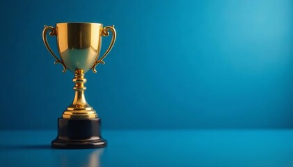 Fototapeta premium Gold winner cup on blue background with reflection, champion, achievement, competition