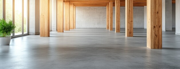 Obraz premium A contemporary open space featuring elegant wooden columns and abundant natural light, all beautifully set within a minimalist design aesthetic