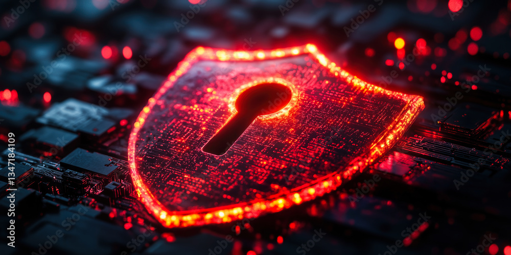 Poster digital shield with keyhole symbol on circuit board highlighting cybersecurity in 3d rendering