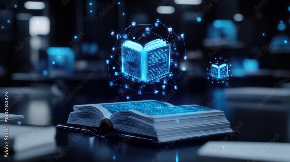 Poster holographic university classroom with floating digital textbooks and an illuminated knowledge symbol
