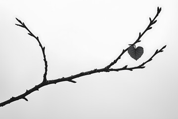 Fototapeta premium Bare tree branch with a single heart-shaped leaf against a blank pale background.