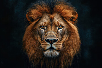 Fototapeta premium A fierce lion confidently gazes ahead against a striking black backdrop.