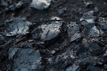 Close-up view of dark, cracked, textured surface resembling asphalt or volcanic rock.