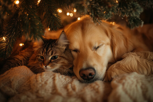 Cat and dog peacefully asleep under a Christmas tree.