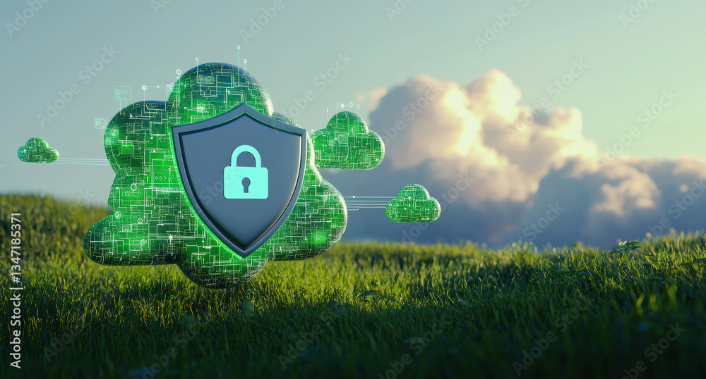 Poster Glowing digital shield protecting network data against cyber threats, embracing secure cloud computing in green landscape