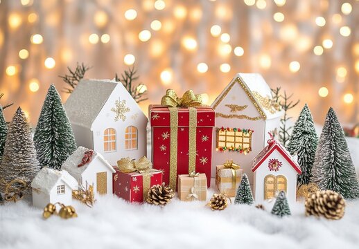 Festive Miniature Village with Christmas Gifts and Lights