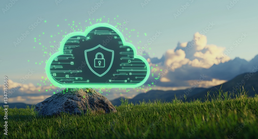 Poster cloud security safeguarding digital information, glowing padlocked cloud icon nestled in tranquil la