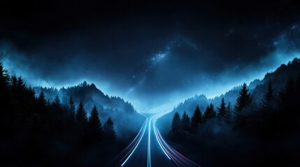 Long-exposure night highway scene with red and white light trails streaking through a deep blue sky, futuristic motion concept.