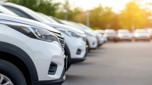 Fleet of White Cars: A line of pristine white cars gleams under the warm sunlight, creating a sense of order and abundance in this automotive arrangement.