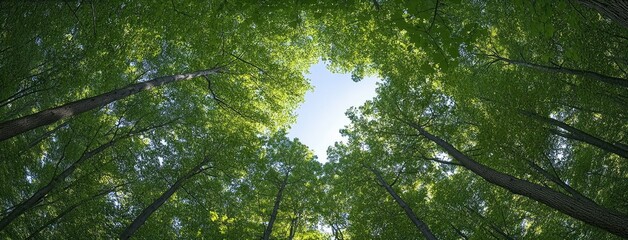 Majestic tall green trees elegantly frame a pristine clear blue sky, creating a serene atmosphere in the peaceful forest during the daylight hours