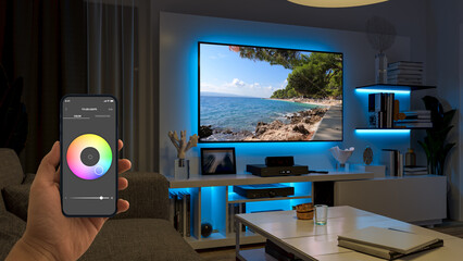 Blue LED strip behind the TV and shelves. The atmosphere is relaxing for watching movies. The hand holding the smartphone symbolizes the easy control of the lights via the app. Smart home in the palm 