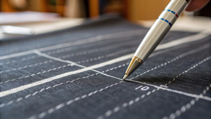 Close up of pen marking precise lines on fabric, showcasing art of tailoring and attention to detail