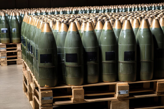 Rows of military artillery shells on wooden pallets in warehouse, industrial setting, organized and strategic storage, defense logistics concept