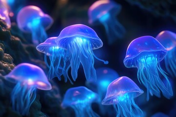 Fototapeta premium Glowing jellyfish gracefully float in the dark ocean depths, their bioluminescence illuminating the scene.
