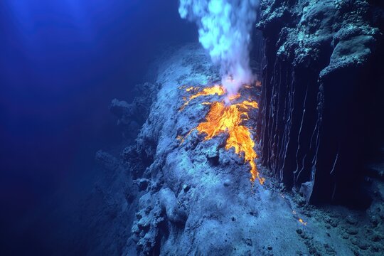 Underwater volcanic eruption with glowing lava flowing through the deep ocean floor, emitting steam.