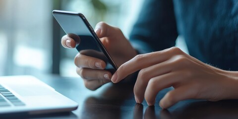 Close-up of female hands scrolling on modern mobile phone while working on laptop, concept of technology and communication
