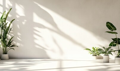 Minimalist interior design with plants. Sunlight casts shadows on a blank white wall