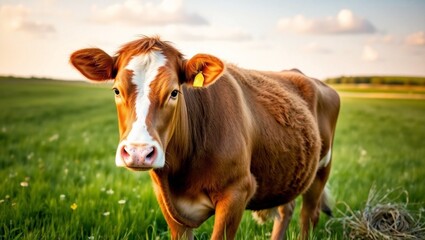 portrait of a cow in a farm, grass meadow