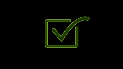 voting check mark neon bright lime green color 4k illustration. Abstract Check mark icon rectangle frame 4k illustration. Right mark icon black background.