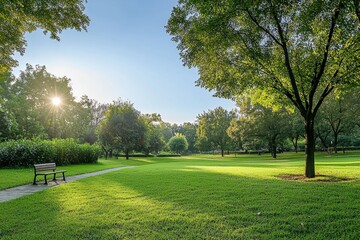 Green grass blanketing urban park, sunlight streaming through leafy branches, rendering peaceful summer morning scenery