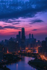 Obraz premium Dawn breaking over a city skyline, skyscrapers aglow with the first light the day.