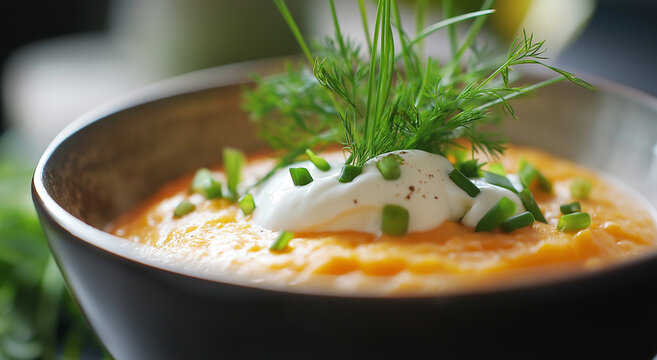 Deliciosa sopa cremosa de cenoura caseira guarnecida com uma colherada de creme ou iogurte e cebolinhas frescas, servida em tigelas e lindamente capturada em luz natural com foco seletivo