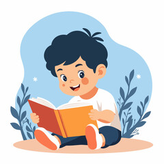 Child reading a book joyfully in a minimalist setting, fostering curiosity