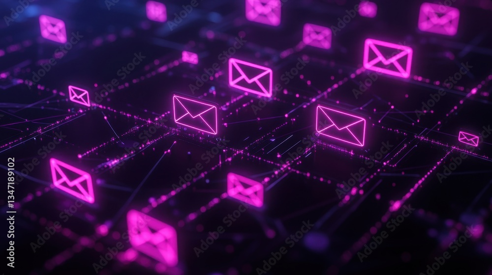 Poster neon-lit data streams forming a web of interconnected email icons, representing cloud-based automati