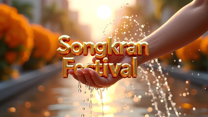 Songkran Festival Vector 3D: Children and Foreigners Splashing Water with Buddha Prop
