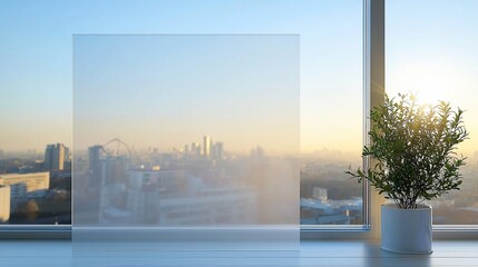 Frosted glass mockup on window sill with cityscape view.