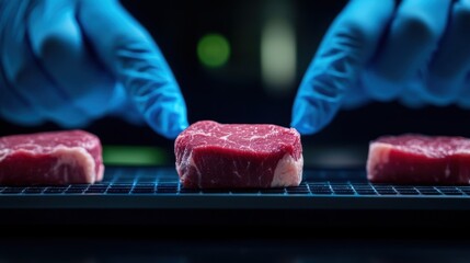 Precision-engineered cultivated meat in a sterile lab setting, a sustainable alternative to traditional animal farming.