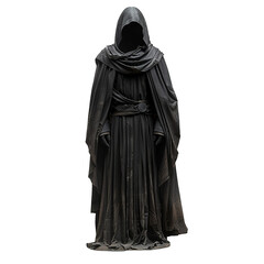 Mysterious Dark Hooded Figure in Long Black Robe and Gloves