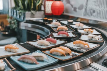 Sushi conveyor belt offers a variety of fresh sushi selections in a vibrant dining environment