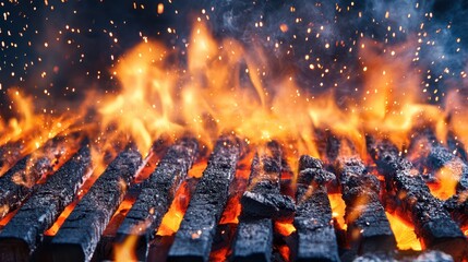 Inferno on the Grill: Captivating shot of a grill engulfed in fiery flames and glowing embers, emphasizing the intense heat and the art of cooking.