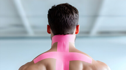 Man with Pink Kinesiology Tape on Upper Back and Neck