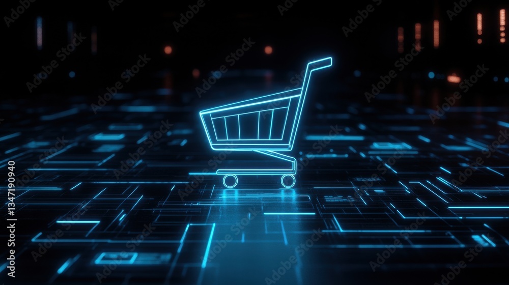 Poster shopping cart floating in a futuristic data grid, surrounded by glowing analytics and digital commer