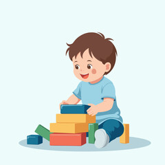 Colorful wooden blocks. A toddler stacking playful blocks with joy, minimalist design