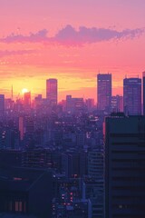 Dawn breaking over a city skyline, skyscrapers aglow with the first light the day.